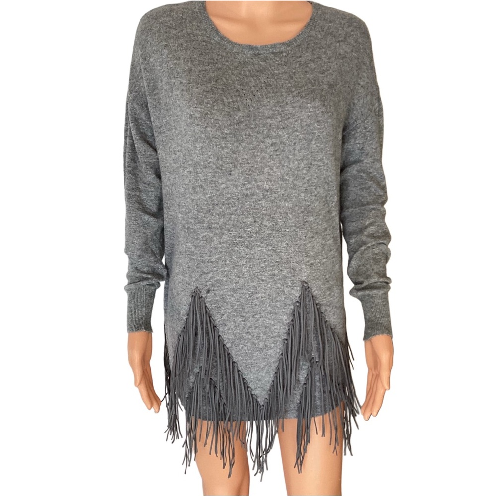 EUC 02 Leather Fringe Trim Angora Blend Gray Sweater Xs